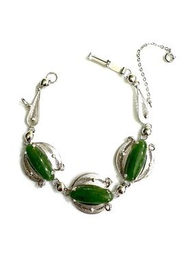 Vintage Sorento Jade Sterling Silver Bracelet with Safety Chain
